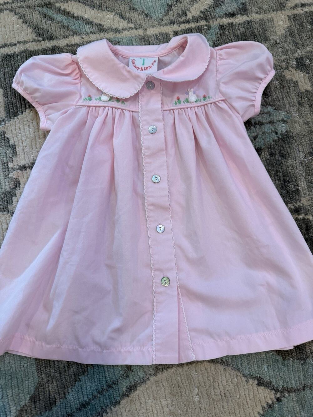 Shrimp & Grits Peter Pan Collared Hand Embroidered Pink Easter Dress 18 Months